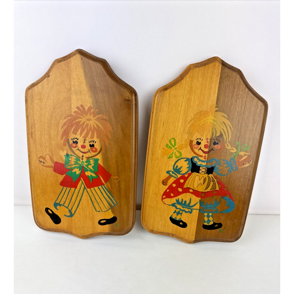 Pair Of Vintage Boy And Girl Painting On Wood Vintage Doll